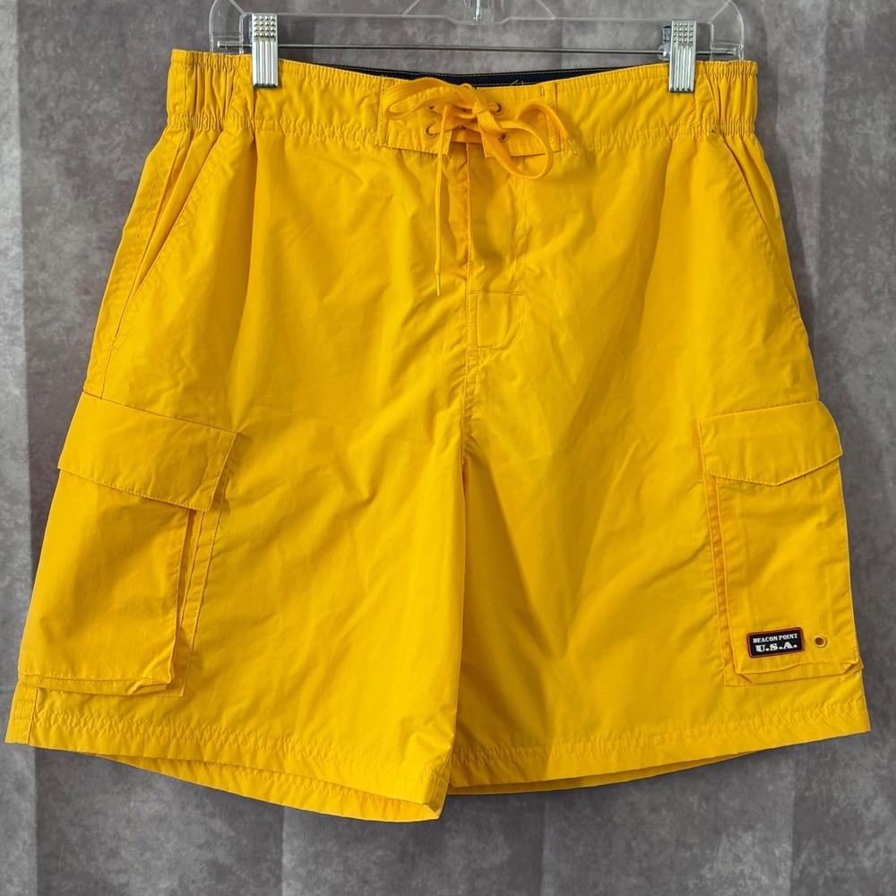 Beacon Point USA Mens M Cargo Swim Trunks Yellow Mesh 6 Pocket Board Shorts